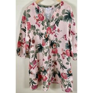 Chico's Pink Floral Linen Blend Swing Dress 3/4 Sleeve Split Neck A-Line 3.5=18